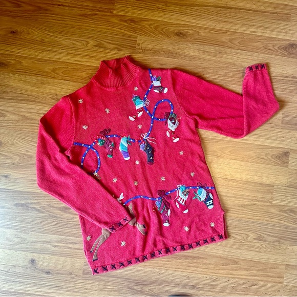 Basic Editions Sweaters - Women’s Small Red Vintage Ugly Christmas Sweater Embroidered‎ Appliqué Beaded